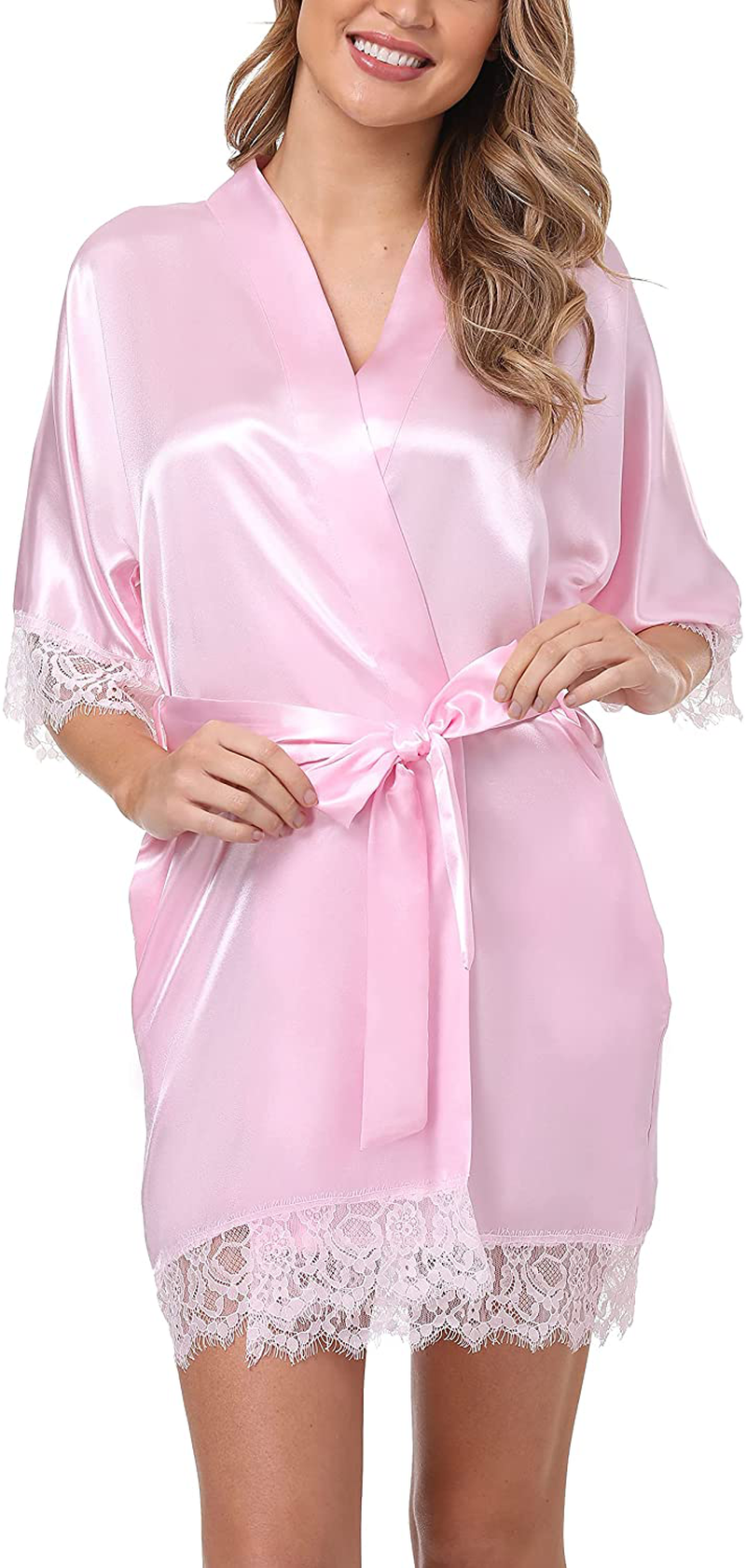 Old-Times Women Satin Short Robes for Bridesmaid Bride Sexy Nightgown Lace Trim Lightweight Bathrobe Apparel & Accessories > Clothing > Sleepwear & Loungewear > Robes Old-Times   