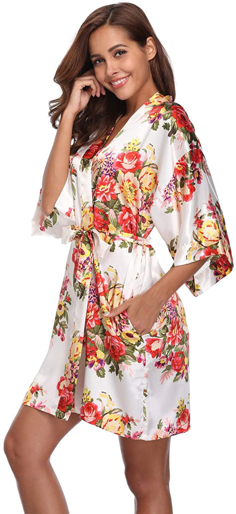 Women'S Floral Satin Kimono Robes Short Bridesmaid Robes for Wedding Party Apparel & Accessories > Clothing > Sleepwear & Loungewear > Robes Super Shopping-zone White With Pockets Small 