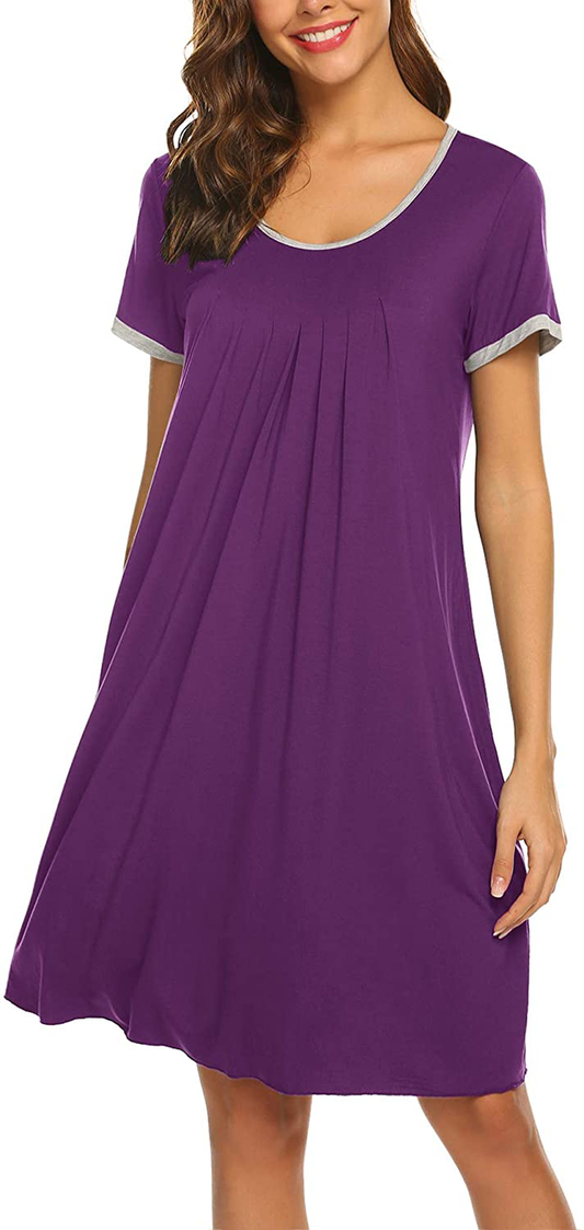 Ekouaer Women'S Nightgown Short Sleeve Sleepwear Comfy Sleep Shirt Pleated Scoopneck Nightshirt S-XXXL Apparel & Accessories > Clothing > Sleepwear & Loungewear > Nightgowns Kylie Max   