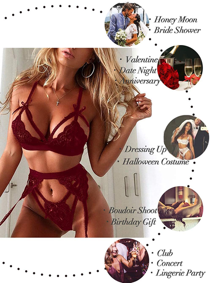 Kaei&Shi Sexy Lingerie for Women, Heart Lingerie Set with Garter Belt, Lace Bondage Lingerie Bra and Panty Sets Apparel & Accessories > Clothing > Underwear & Socks > Lingerie Kaei&Shi   