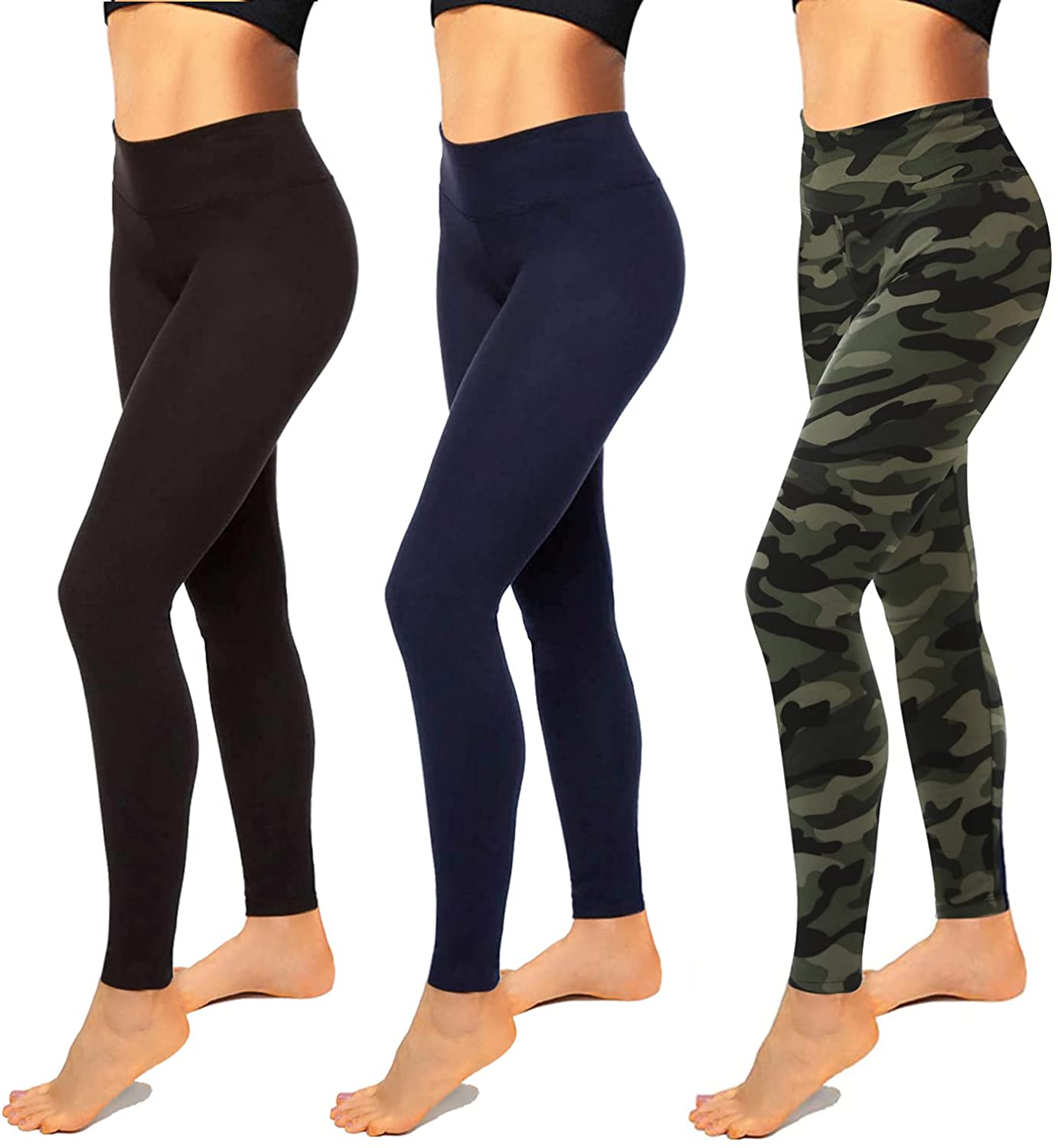 High Waisted Leggings for Women-Womens Black Seamless Workout Leggings Running Tummy Control Yoga Pants Reg&Plus Size Apparel & Accessories > Clothing > Activewear Hi Clasmix 3 Pack Black, Army Green Camo, Navy Blue Large-X-Large 