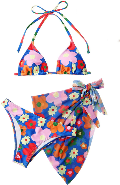 SOLY HUX Women's Wrap Triangle Bikini Bathing Suits with Mesh Beach Skirt 3 Piece Swimsuits Apparel & Accessories > Clothing > Swimwear KYLIE MAX Floral Printed Multi Medium 