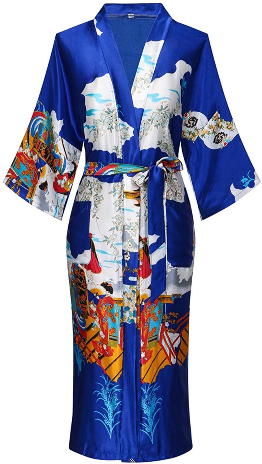 Women'S Floral/Patterned Silky Kimono Robes Long Satin Bathrobes Sleepwear Loungewear Apparel & Accessories > Clothing > Sleepwear & Loungewear > Robes MissNina Royal Blue X-Large 