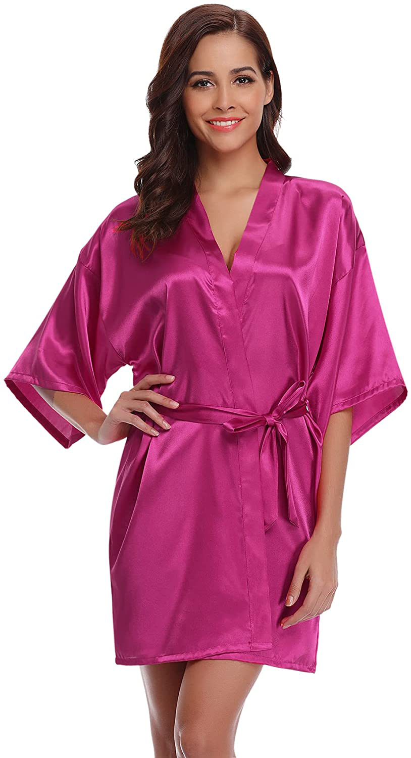 Litherday Women'S Kimono Robe Silk Bathrobe Sleepwear Short Satin Robes for Bridal Bridesmaids Dressing Gown Apparel & Accessories > Clothing > Sleepwear & Loungewear > Robes Litherday Rose Red XX-Large 