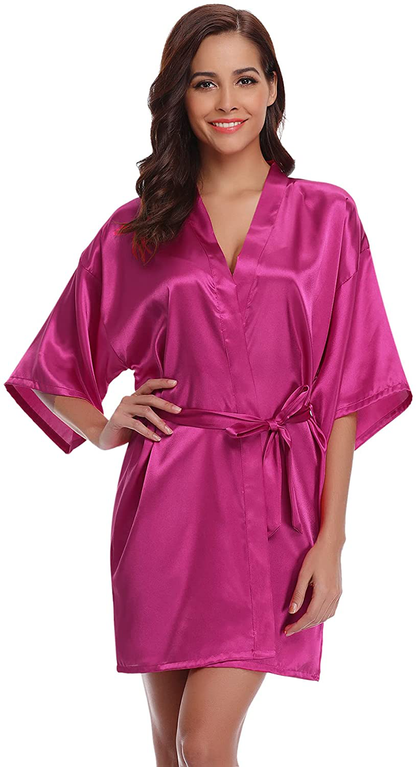 Litherday Women'S Kimono Robe Silk Bathrobe Sleepwear Short Satin Robes for Bridal Bridesmaids Dressing Gown Apparel & Accessories > Clothing > Sleepwear & Loungewear > Robes Litherday Rose Red XX-Large 