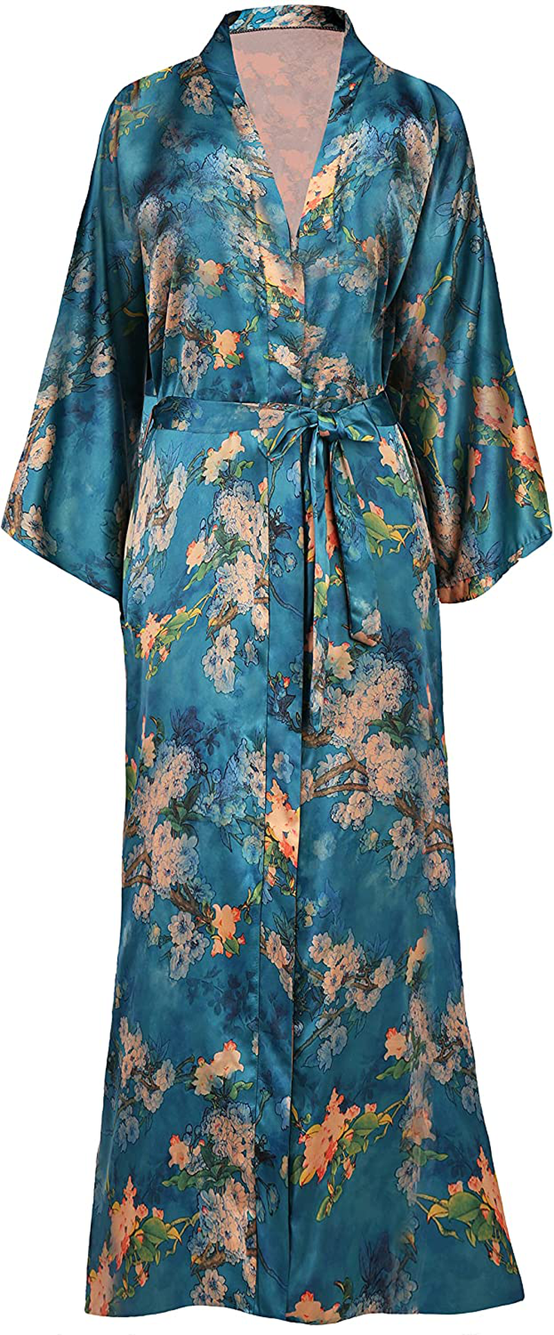 BABEYOND Long Print Kimono Robe Blouse Kimono Cover up Loose Cardigan Top Outwear Apparel & Accessories > Clothing > Sleepwear & Loungewear > Robes KYLIE MAX Plum Blossom-malachite Green  