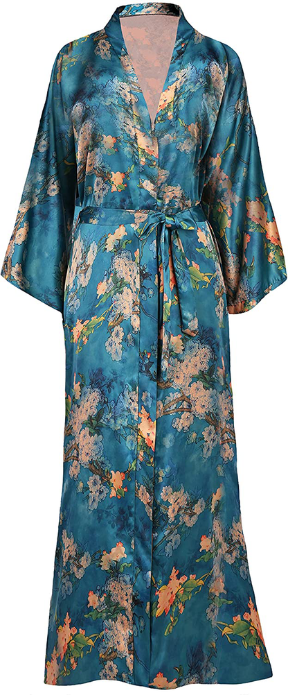 BABEYOND Long Print Kimono Robe Blouse Kimono Cover up Loose Cardigan Top Outwear Apparel & Accessories > Clothing > Sleepwear & Loungewear > Robes KYLIE MAX Plum Blossom-malachite Green  