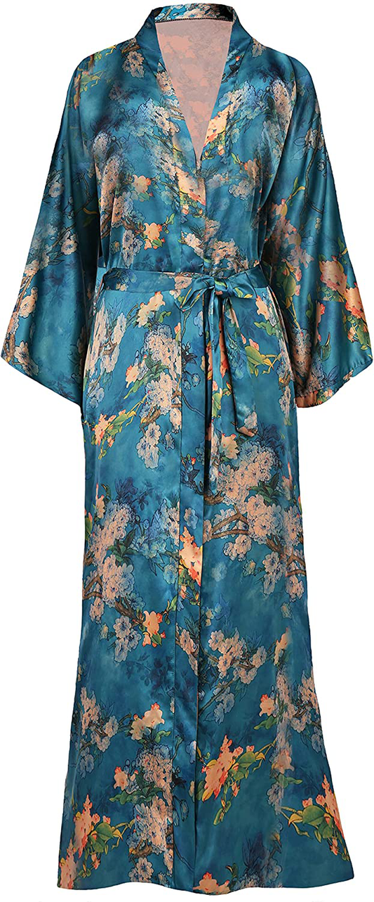 BABEYOND Long Print Kimono Robe Blouse Kimono Cover up Loose Cardigan Top Outwear Apparel & Accessories > Clothing > Sleepwear & Loungewear > Robes KYLIE MAX Plum Blossom-malachite Green  