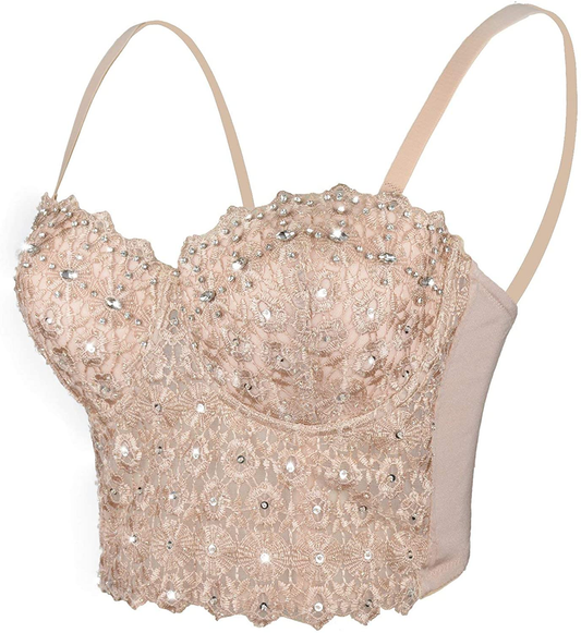 ELLACCI Women'S Natural Reigning Lace Rhinestone Bustier Crop Top Sexy Mesh Corset Top Bra Apparel & Accessories > Clothing > Underwear & Socks > Lingerie ELLACCI Small  