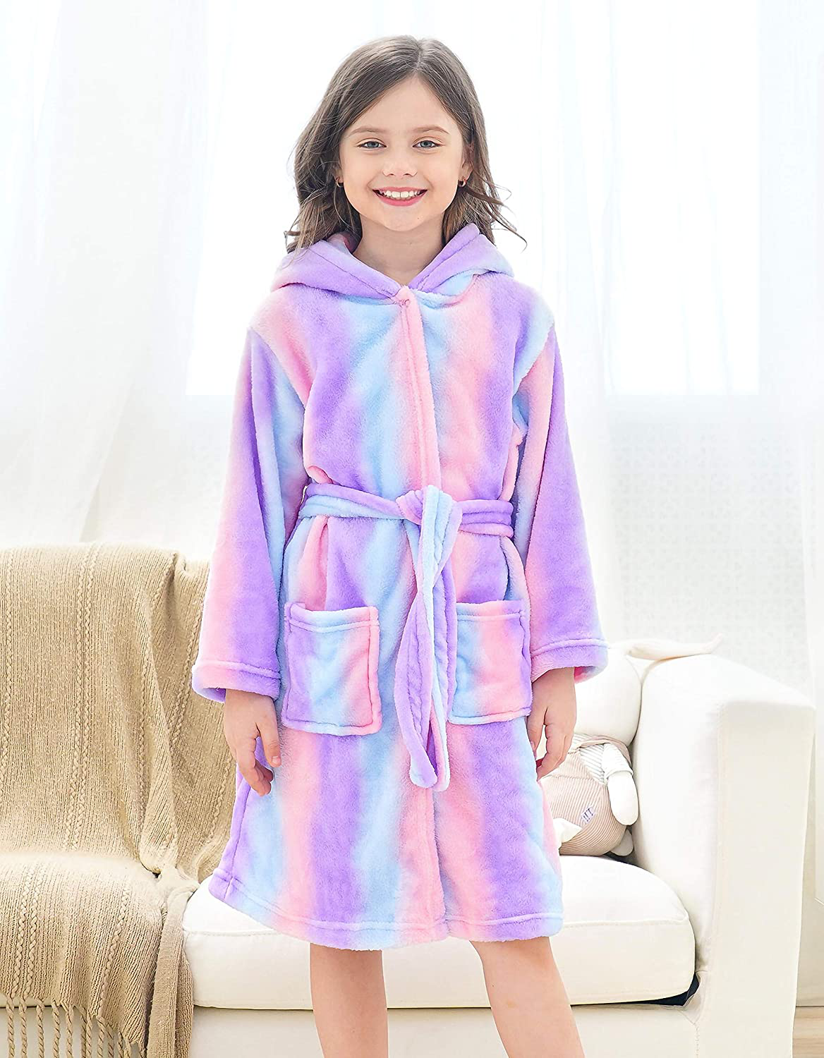 Doctor Unicorn Soft Hooded Rainbow Bathrobe Sleepwear for Girls Apparel & Accessories > Clothing > Sleepwear & Loungewear > Robes Kylie Max   