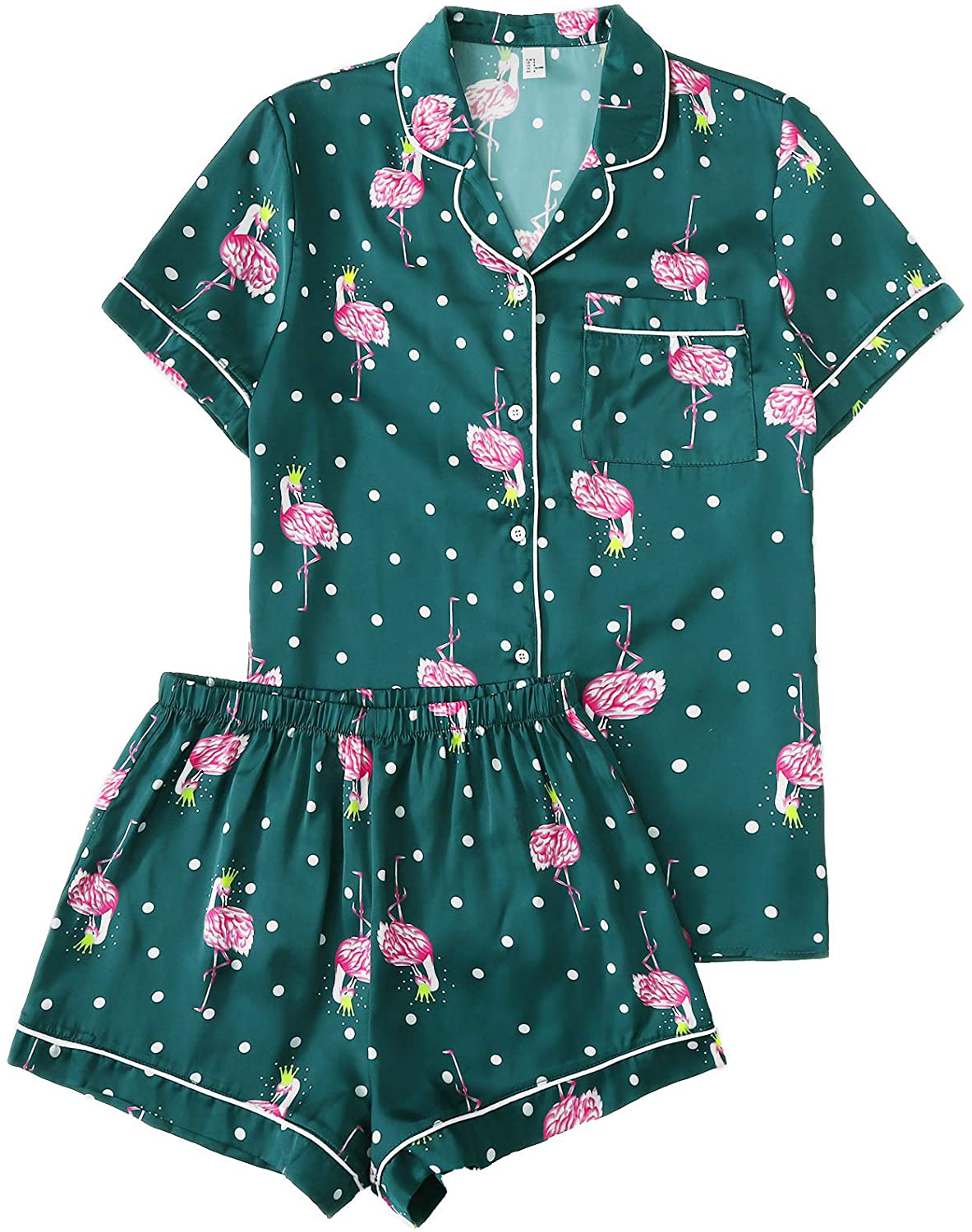 Floerns Women's Notch Collar Palm Leaf Print Sleepwear Two Piece Pajama Set Apparel & Accessories > Clothing > Sleepwear & Loungewear > Pajamas Floerns Green Flamingo Large 