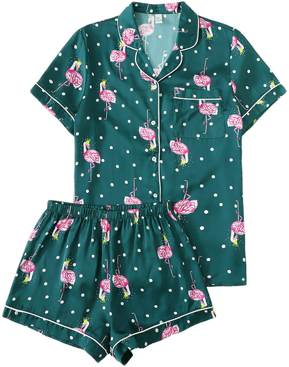 Floerns Women's Notch Collar Palm Leaf Print Sleepwear Two Piece Pajama Set Apparel & Accessories > Clothing > Sleepwear & Loungewear > Pajamas Floerns Green Flamingo Large 