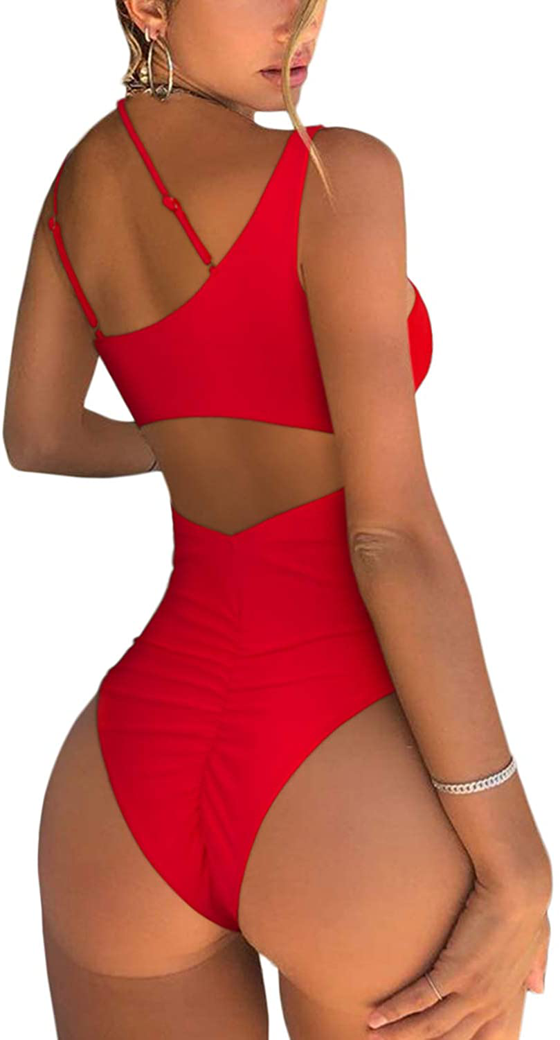 QINSEN Womens One Shoulder Cutout Ruched Back High Cut Monokini One Piece Swimsuit Apparel & Accessories > Clothing > Swimwear Kylie Max   