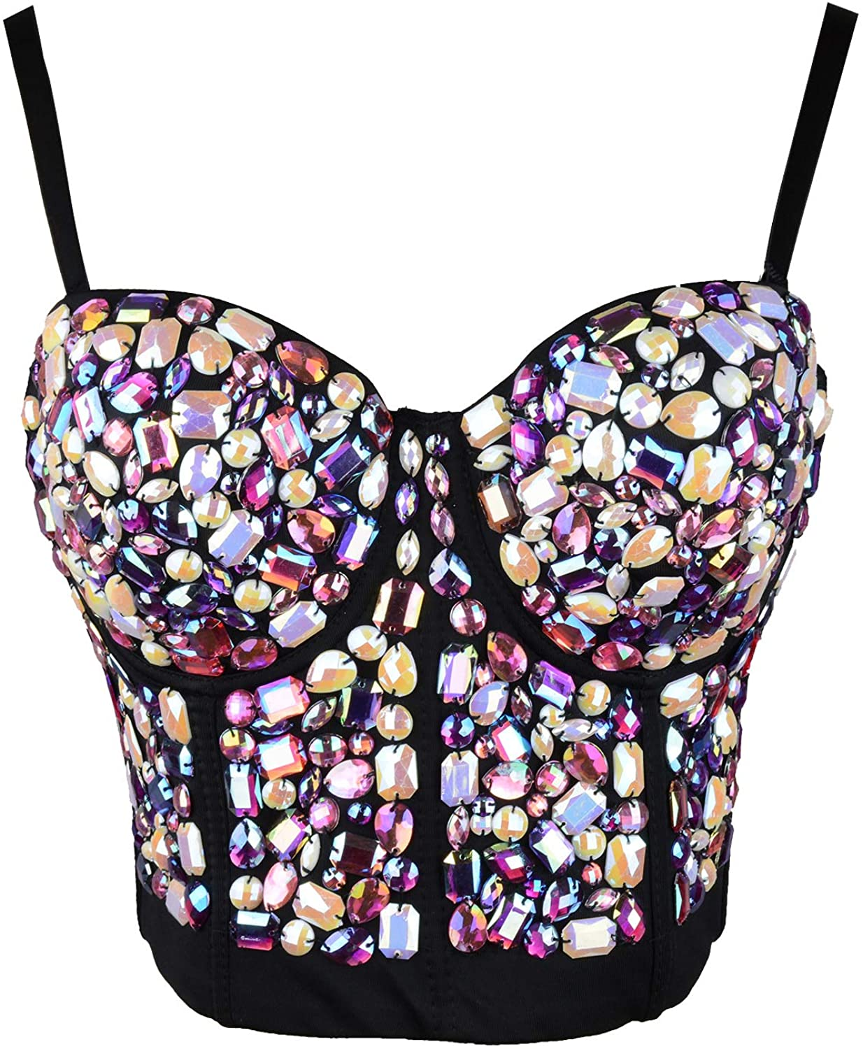 ELLACCI Women'S Sexy Rhinestone Bustier Crop Top Club Party Glitter Corset Top Bra Purple Apparel & Accessories > Clothing > Underwear & Socks > Lingerie ELLACCI   