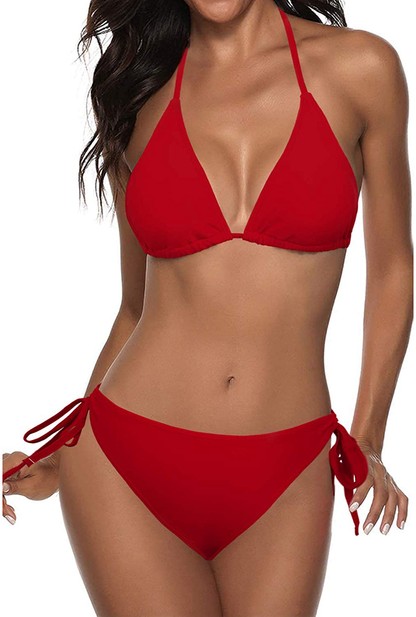 Tempt Me Women Two Piece Halter Padded Top Tie Side Bottom Triangle Bikini Bathing Suit Apparel & Accessories > Clothing > Swimwear KYLIE MAX Red X-Small 