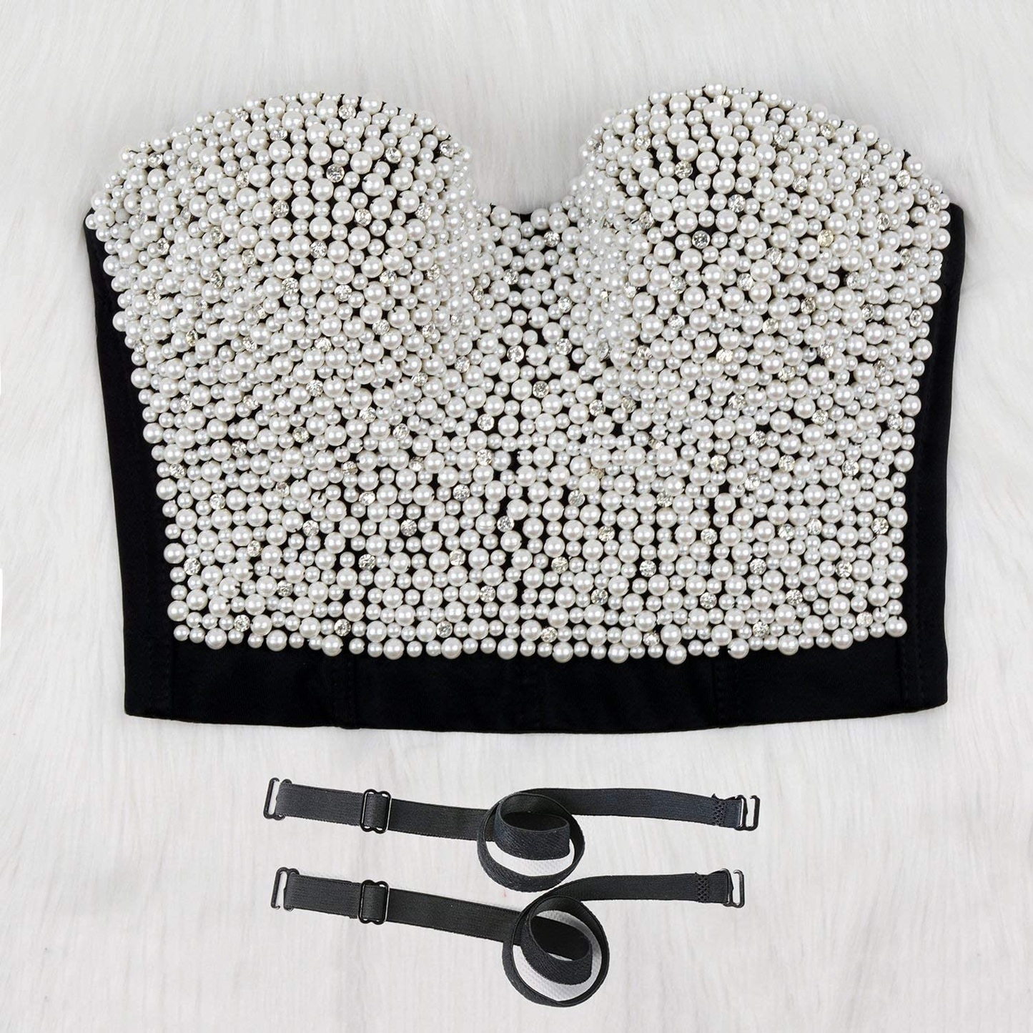 ELLACCI Sexy Pearls Beaded Rhinestone Bustier Crop Top Push up Corset Top with Detachable Straps Apparel & Accessories > Clothing > Underwear & Socks > Lingerie ELLACCI   
