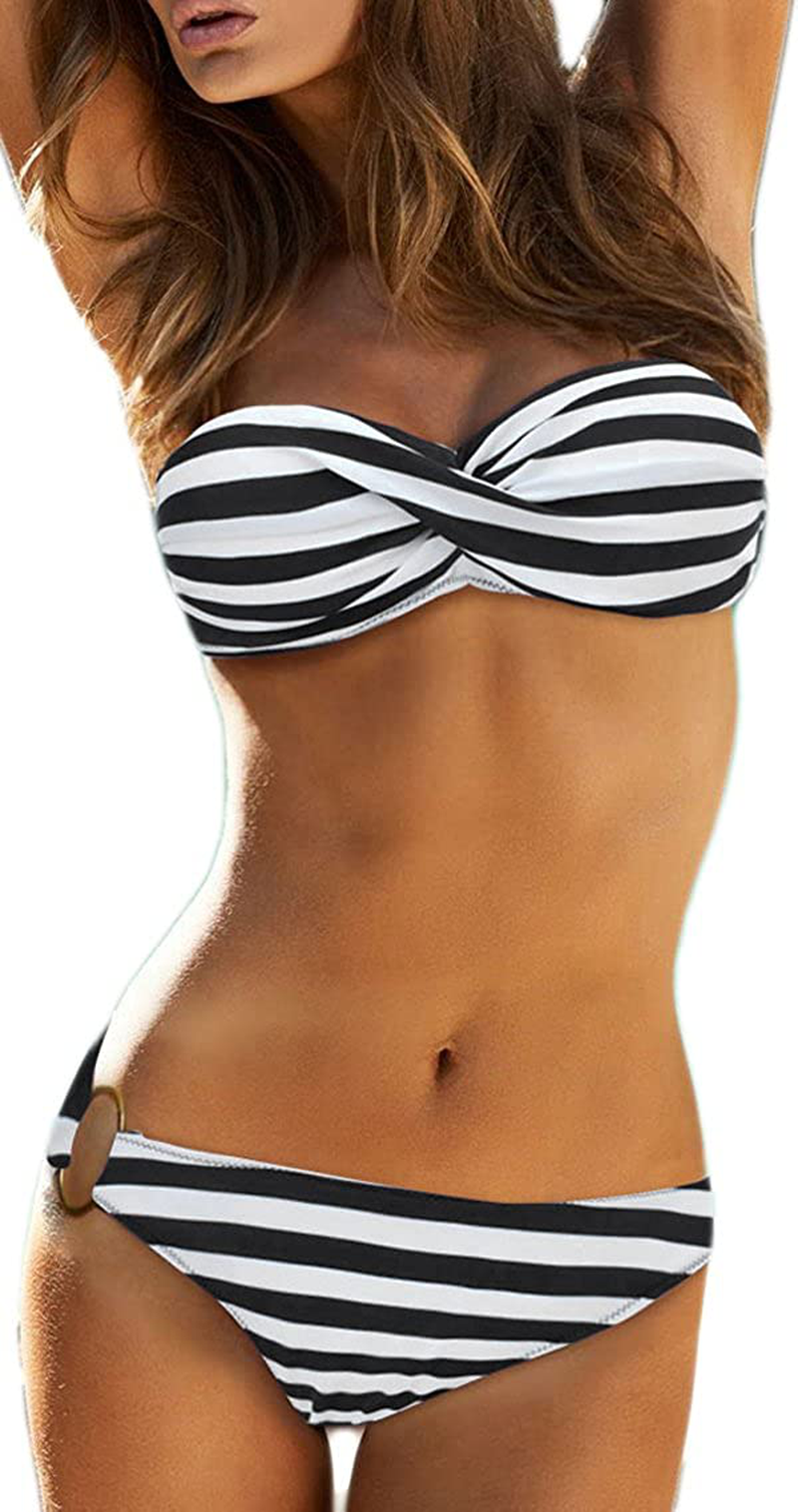 Imilan Twist Bandeau Bikini Set Swimwear Swimsuit for Women Apparel & Accessories > Clothing > Swimwear Imilan Black Stripe X-Large 