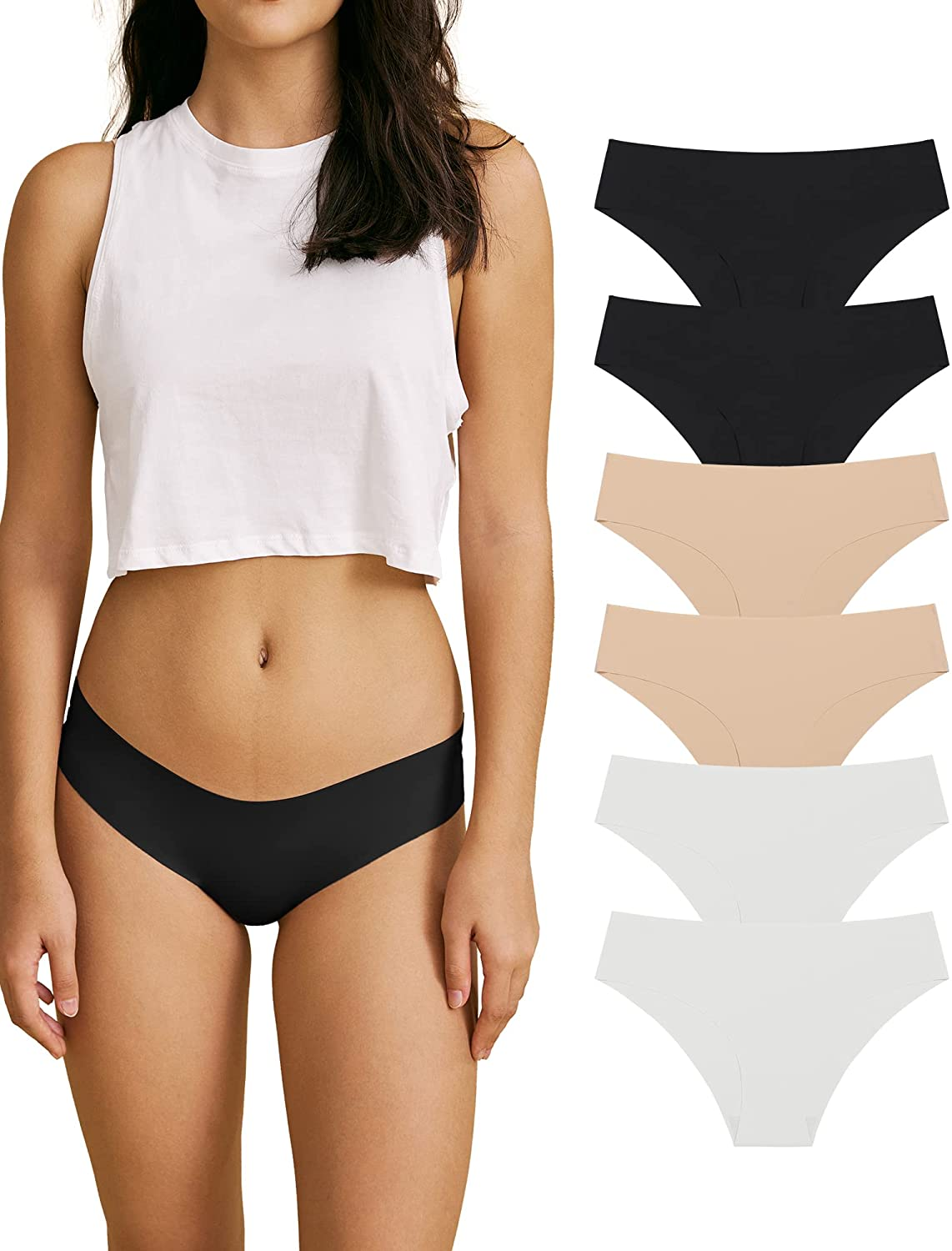 SHARICCA Women Seamless Cheeky Bikini No Show Panties Ladies Invisible Breathable Briefs Soft Stretch Underwear Multi Pack Apparel & Accessories > Clothing > Underwear & Socks > Underwear SHARICCA (6pack) 2black-2white-2beige-0908-1 Medium 