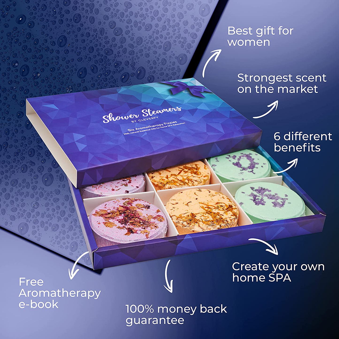 Cleverfy Shower Steamers Aromatherapy - Variety Pack of 6 Shower Bombs. Blue Set: Watermelon, Grapefruit, Menthol & Eucalyptus, Peony & Pear, Cocoa & Orange, Lemongrass & Coconut Arts & Entertainment > Party & Celebration > Gift Giving Cleverfy   