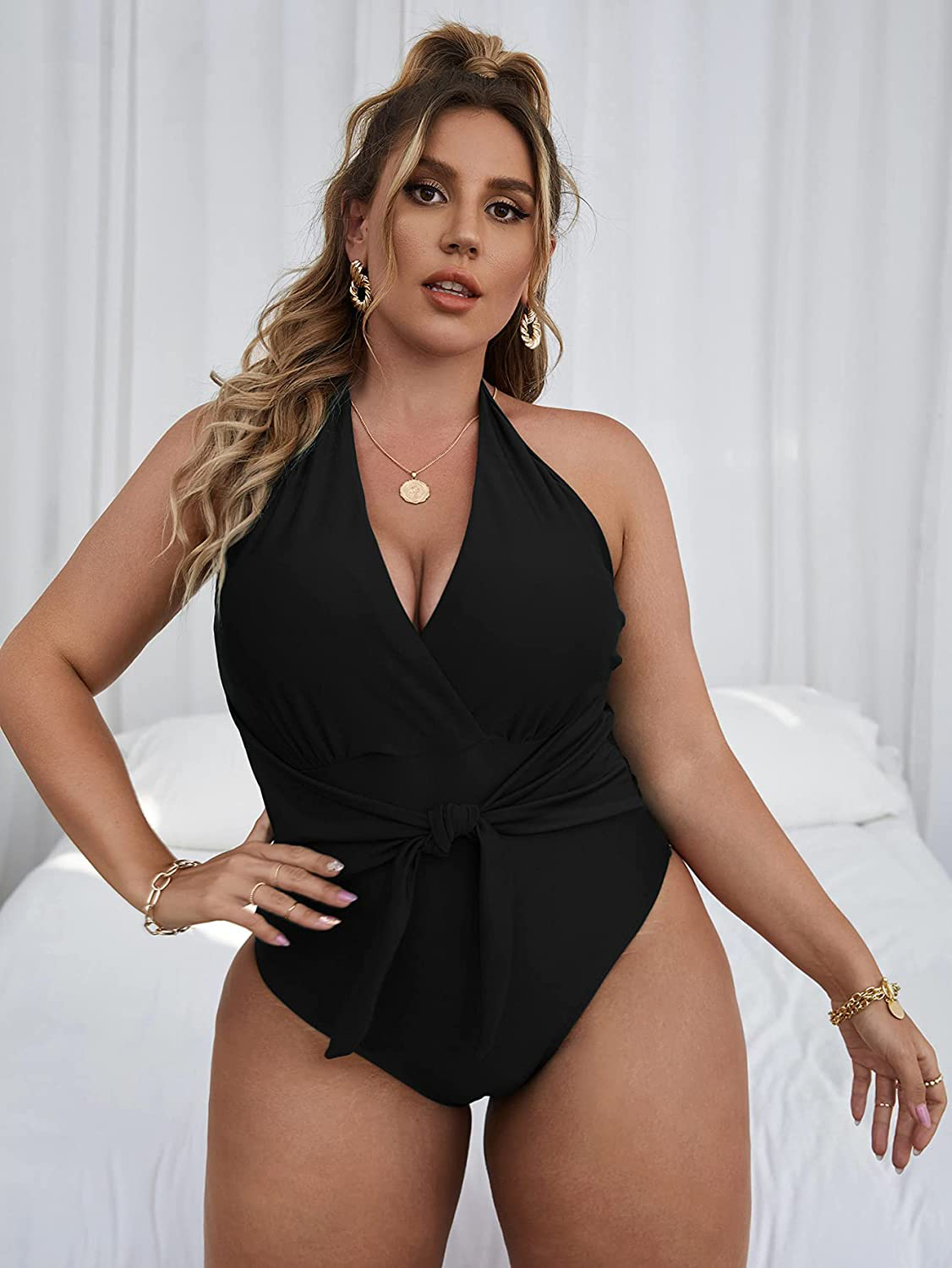 Shein Women'S plus Size Halter Neck Tie Back Knot Front One Piece Bikini Swimsuit Apparel & Accessories > Clothing > Swimwear Kylie Max   