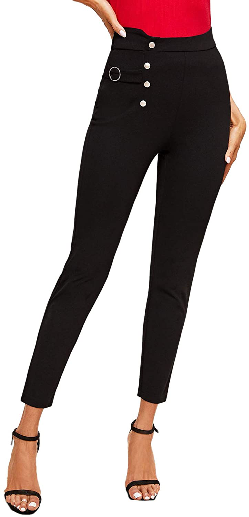 SweatyRocks Women's Casual Skinny Leggings Stretchy High Waisted Work Pants Apparel & Accessories > Clothing > Activewear SweatyRocks Button Black Ring Small 