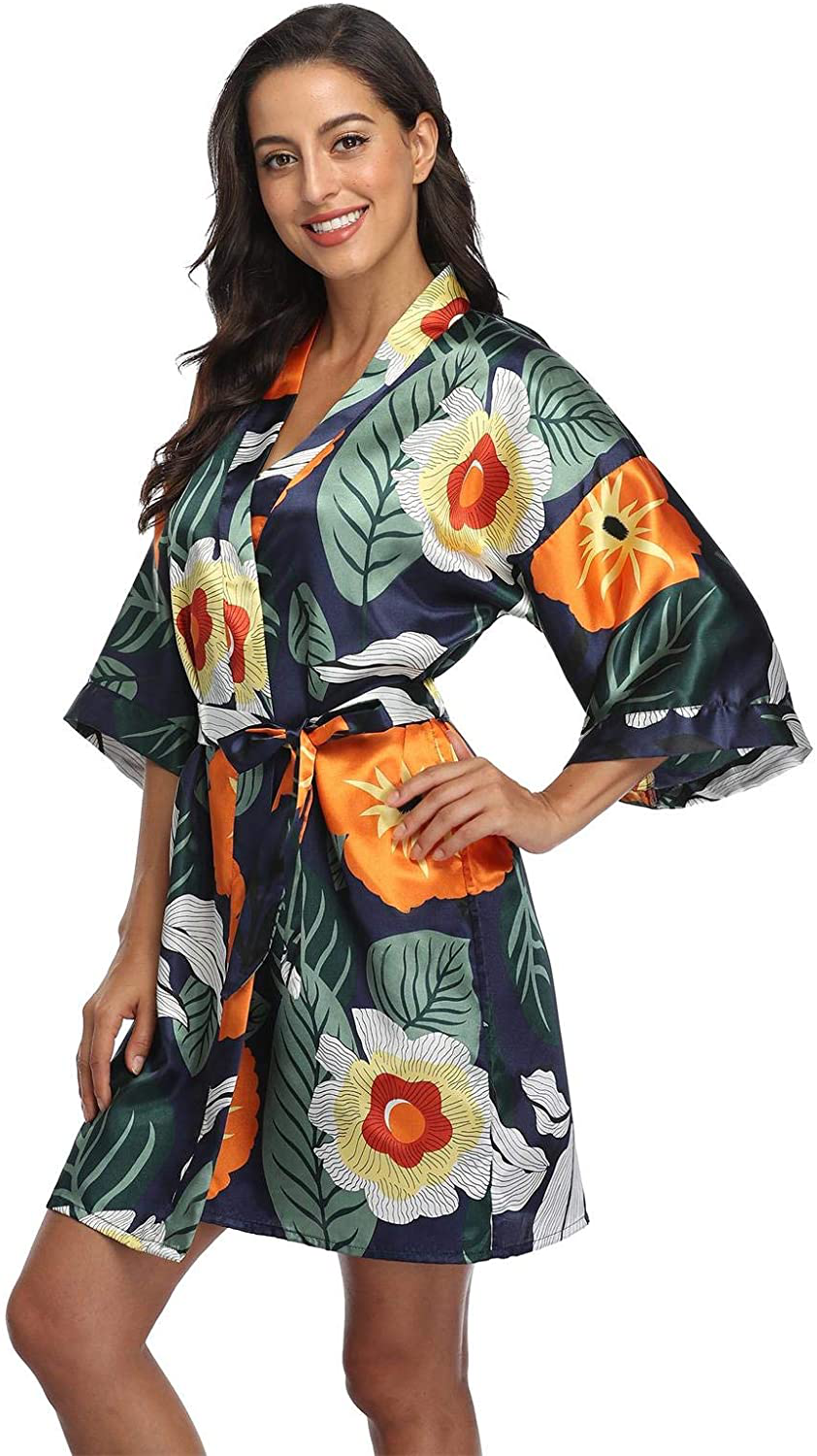 Season Dressing Women Floral Robes Bridesmaids Short Satin Kimono Sleepwear for Wedding Party Apparel & Accessories > Clothing > Sleepwear & Loungewear > Robes season dressing Flower Navy Large 