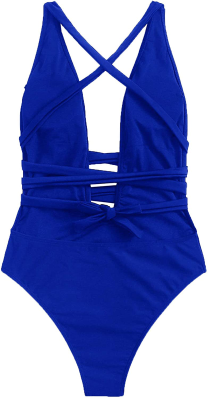 Sweatyrocks Women'S Sexy Basic Criss Cross Tie Knot Front Deep V Open Back One Piece Swimwear Apparel & Accessories > Clothing > Swimwear Kylie Max   