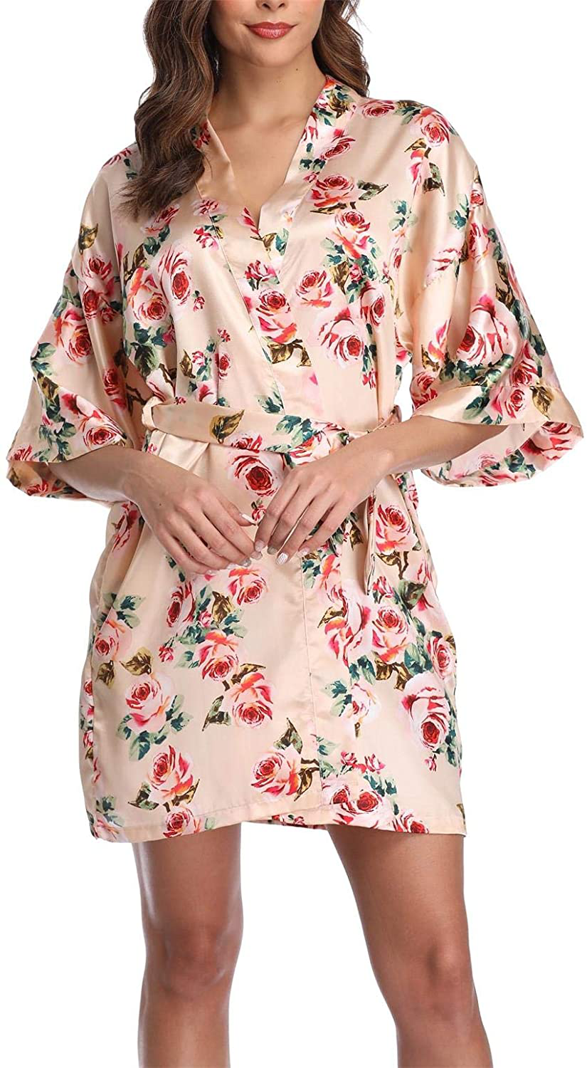 Season Dressing Women Floral Robes Bridesmaids Short Satin Kimono Sleepwear for Wedding Party Apparel & Accessories > Clothing > Sleepwear & Loungewear > Robes season dressing   
