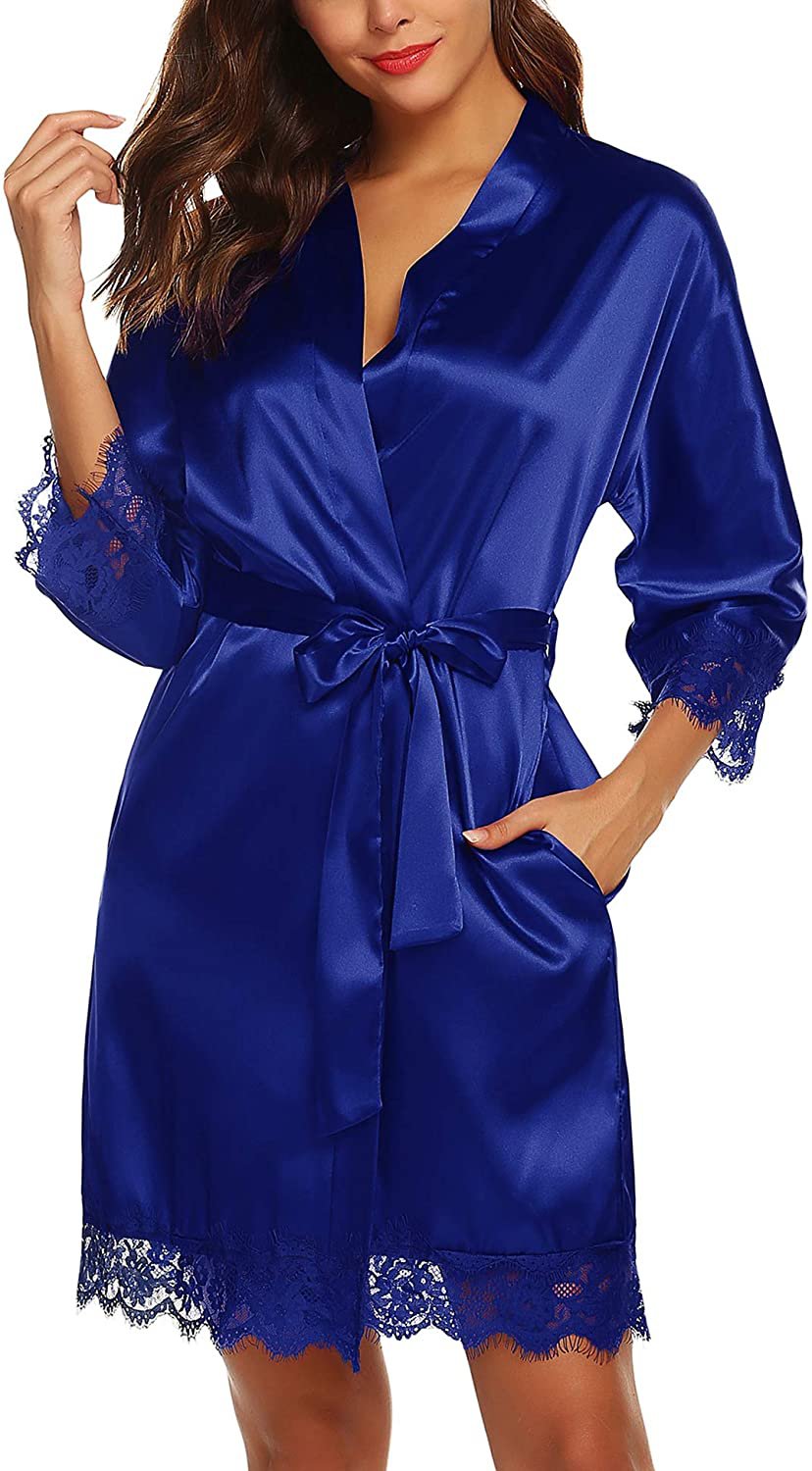 URRU Women'S Satin Silk Bathrobe Oblique V-Neck Short Kimono Robe Bridesmaids Robe S-XXXL Apparel & Accessories > Clothing > Sleepwear & Loungewear > Robes KYLIE MAX Royal Blue Large 