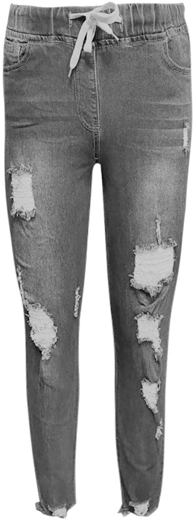 Burband Womens Drawstring Elastic Waistband Pull-On Distressed Denim Joggers Denim Jeans Sweatpants Skinny Ripped Jeggings Apparel & Accessories > Clothing > Underwear & Socks > Shapewear Burband   