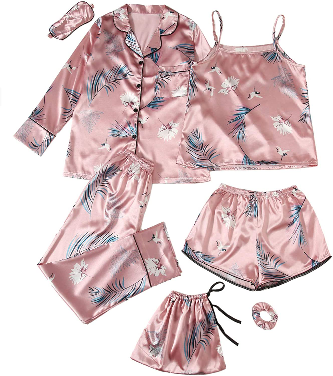 SheIn Women's 7pcs Pajama Set Cami Pjs with Shirt and Eye Mask Apparel & Accessories > Clothing > Sleepwear & Loungewear > Pajamas SheIn Light Pink Small 
