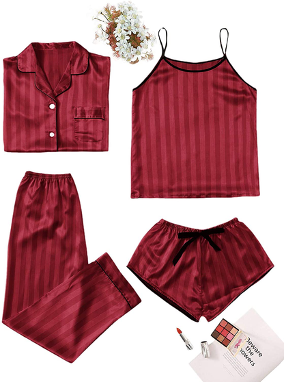 WDIRARA Women'S Silk Satin Pajama Set 4 Pieces Sleepwear Loungewear Pj Sets Apparel & Accessories > Clothing > Sleepwear & Loungewear Kylie Max   