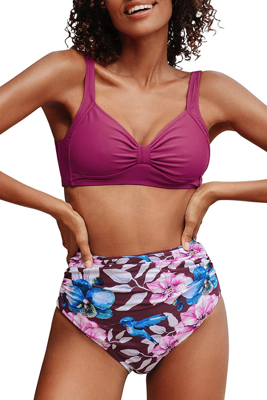 CUPSHE Women's High Waist Bikini Swimsuit Floral Print Knot Two Piece Bathing Suit Apparel & Accessories > Clothing > Swimwear CUPSHE Wine Red X-Small 