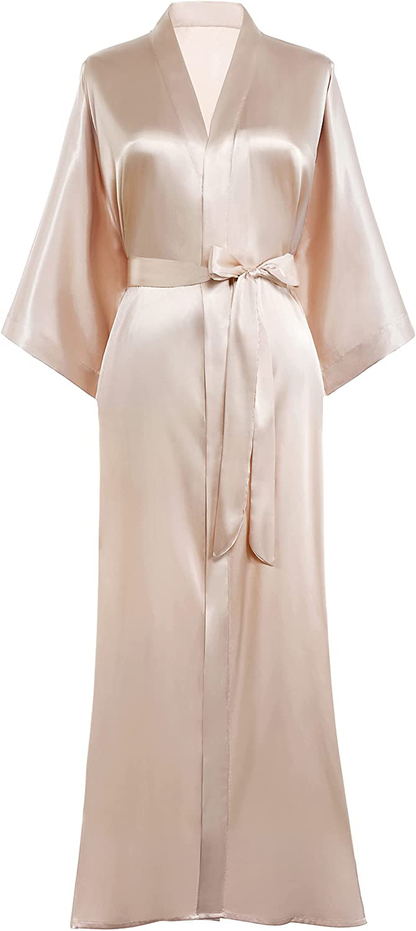 PRODESIGN Satin Kimono Robe Long Silky Kimono Bathrobe Sleepwear Wedding Bridesmaid Robe Apparel & Accessories > Clothing > Sleepwear & Loungewear > Robes KYLIE MAX Champagne  