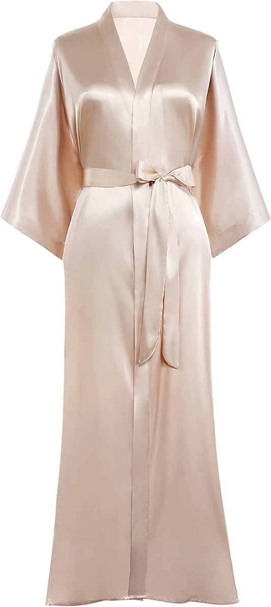 PRODESIGN Satin Kimono Robe Long Silky Kimono Bathrobe Sleepwear Wedding Bridesmaid Robe Apparel & Accessories > Clothing > Sleepwear & Loungewear > Robes KYLIE MAX Champagne  