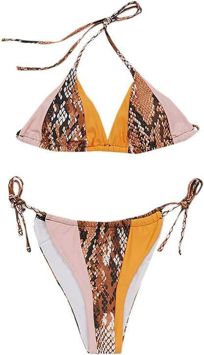 SOLY HUX Women's Halter Triangle Tie Side Bikini 2 Piece Swimsuits Apparel & Accessories > Clothing > Swimwear SOLY HUX Orange Snakeskin Small 