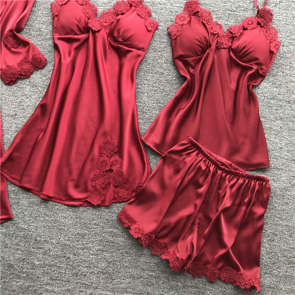 SAPJON Women'S 4Pcs Silk Satin Pajama Set Sexy Cami Top Nightgown Lace Sleepwear Robe Sets Nightdress with Chest Pads Apparel & Accessories > Clothing > Sleepwear & Loungewear Kylie Max   