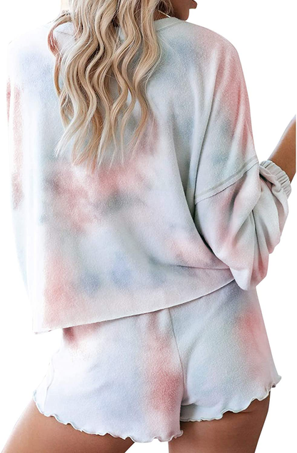 Century Star Women Pajamas Tie Dye Print Long Sleeve Shirt Elastic Drawstring Shorts 2 Piece Set Sleepwear Loungewear Apparel & Accessories > Clothing > Sleepwear & Loungewear > Pajamas Kylie Max   