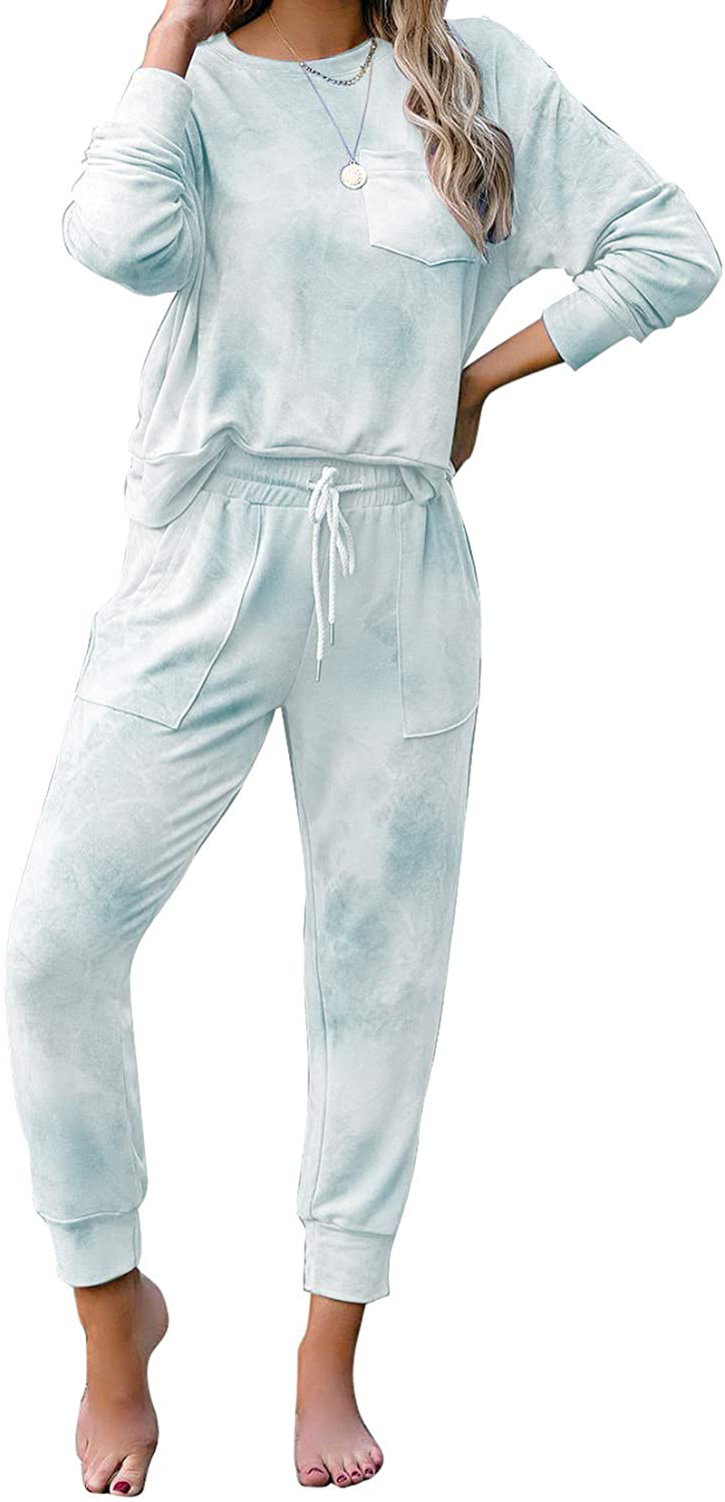 luvamia Women Tie Dye Pajama Sets Long Sleeve Tops and Pants PJ Sets Joggers Loungewear Sleepwear Apparel & Accessories > Clothing > Sleepwear & Loungewear > Pajamas KYLIE MAX Light Blue X-Large 