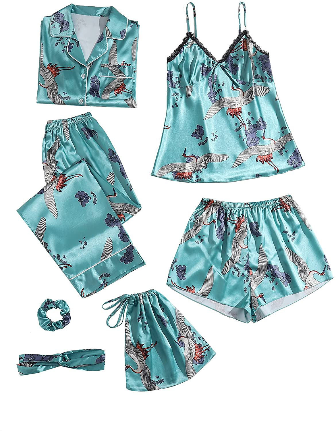 SheIn Women's 7pcs Pajama Set Cami Pjs with Shirt and Eye Mask Apparel & Accessories > Clothing > Sleepwear & Loungewear > Pajamas SheIn Mint Blue Print Large 