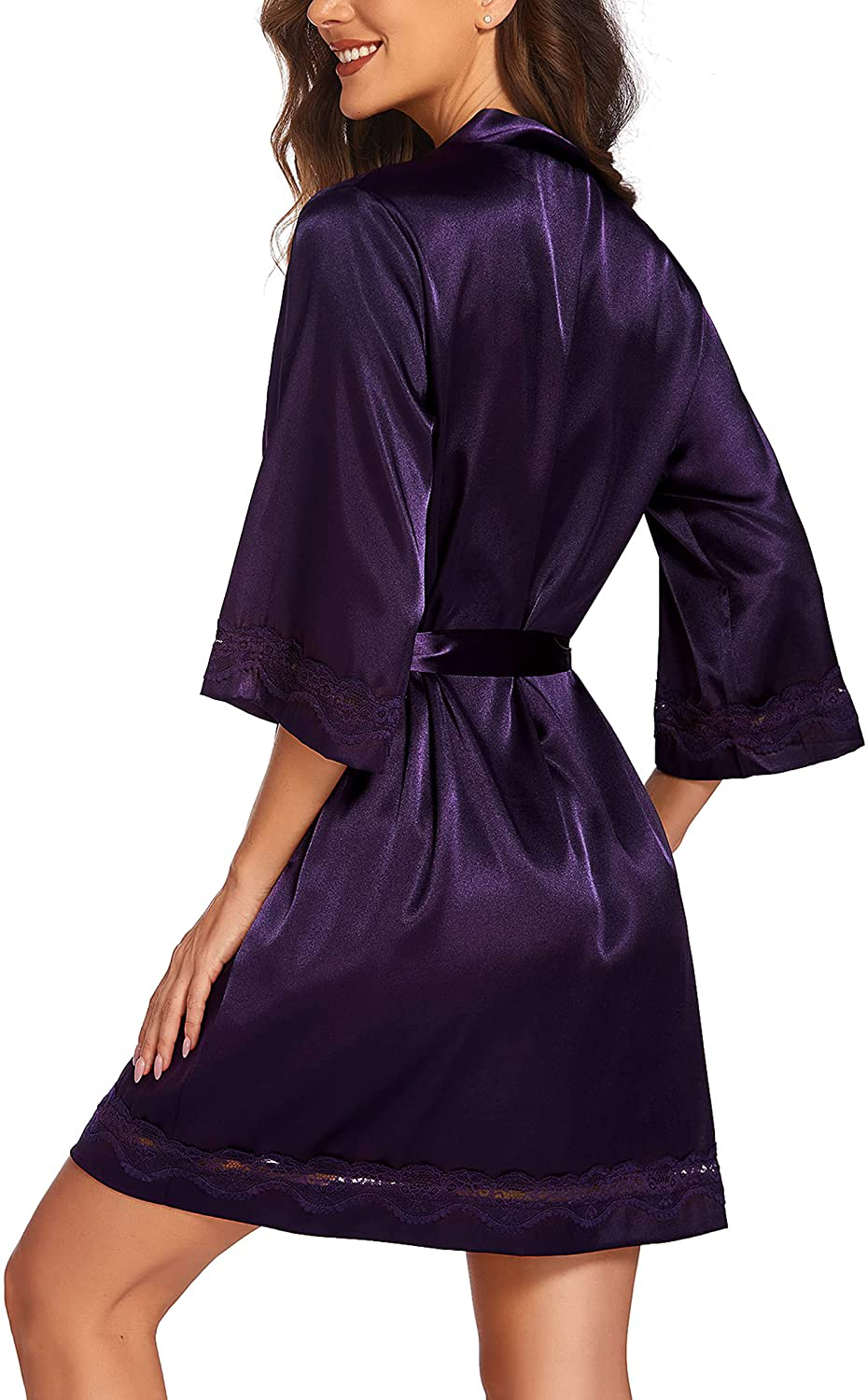 Ekouaer Women'S Lace-Trim Kimono Style Short Satin Robe Sleepwear with 3/4 Sleeve Apparel & Accessories > Clothing > Sleepwear & Loungewear > Robes Kylie Max   