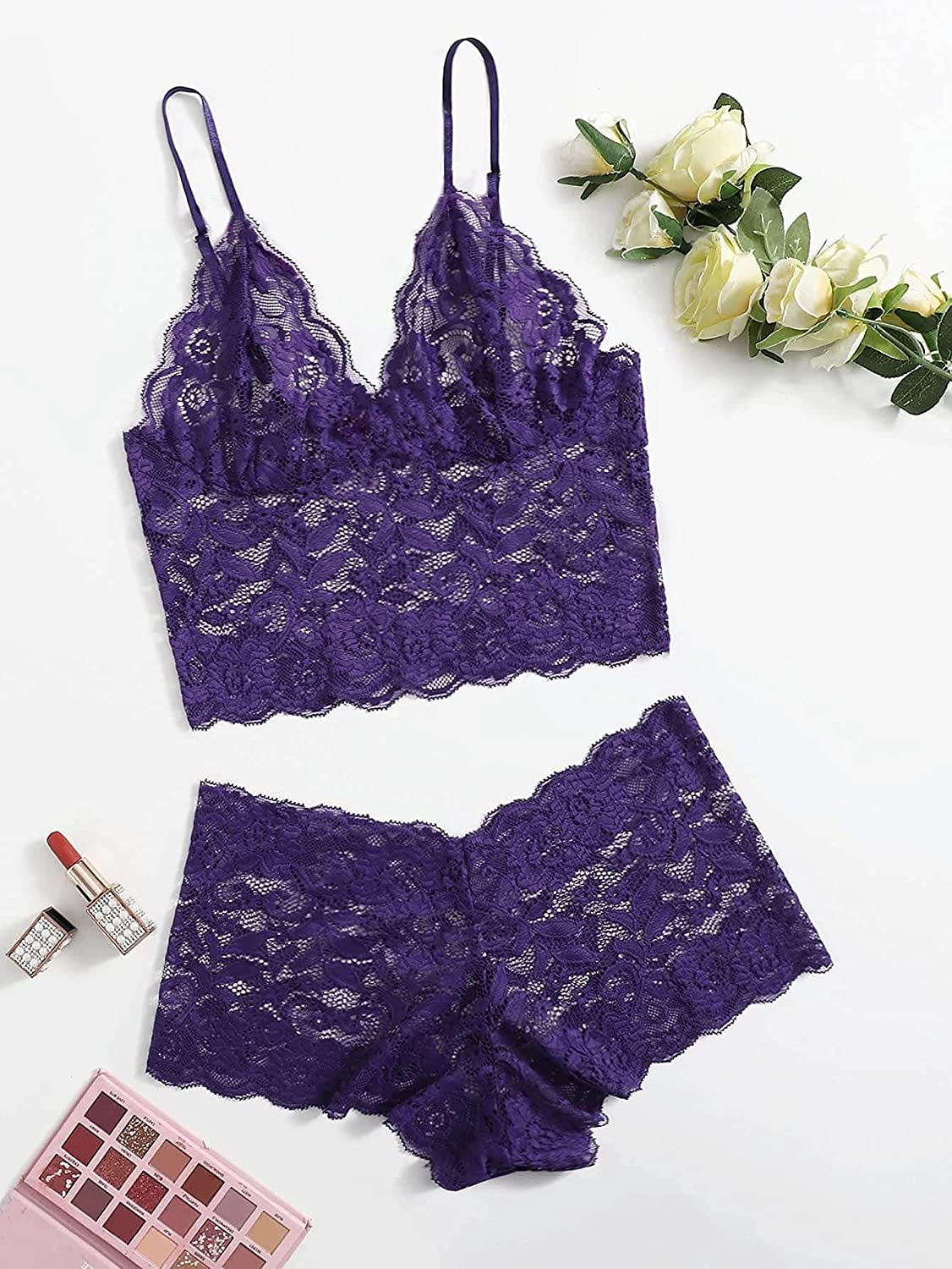 Lilosy Sexy Sheer Floral Lace Pajamas Lingerie Set High Waist Sleepwear Bra and Panty 2 Piece Nightwear Apparel & Accessories > Clothing > Underwear & Socks > Lingerie Lilosy   