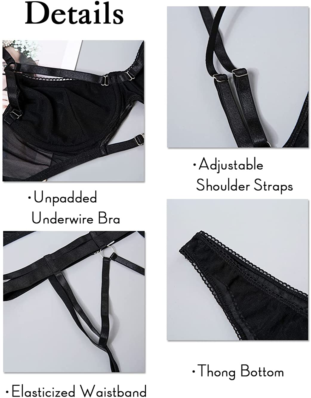 Kaei&Shi Mesh Sheer,Underwire Unpadded Bra,Thong,Thigh Straps,Garter Belt Lingerie for Women Apparel & Accessories > Clothing > Underwear & Socks > Lingerie Kaei&Shi   