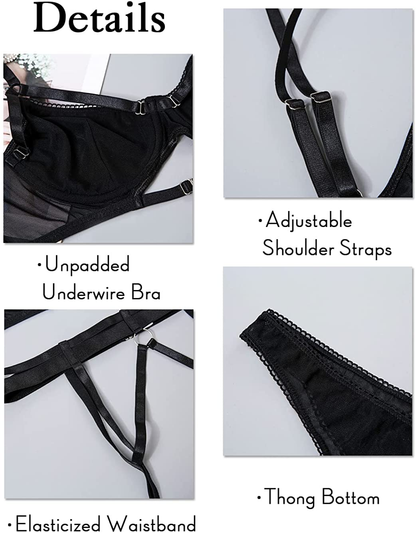 Kaei&Shi Mesh Sheer,Underwire Unpadded Bra,Thong,Thigh Straps,Garter Belt Lingerie for Women Apparel & Accessories > Clothing > Underwear & Socks > Lingerie Kaei&Shi   