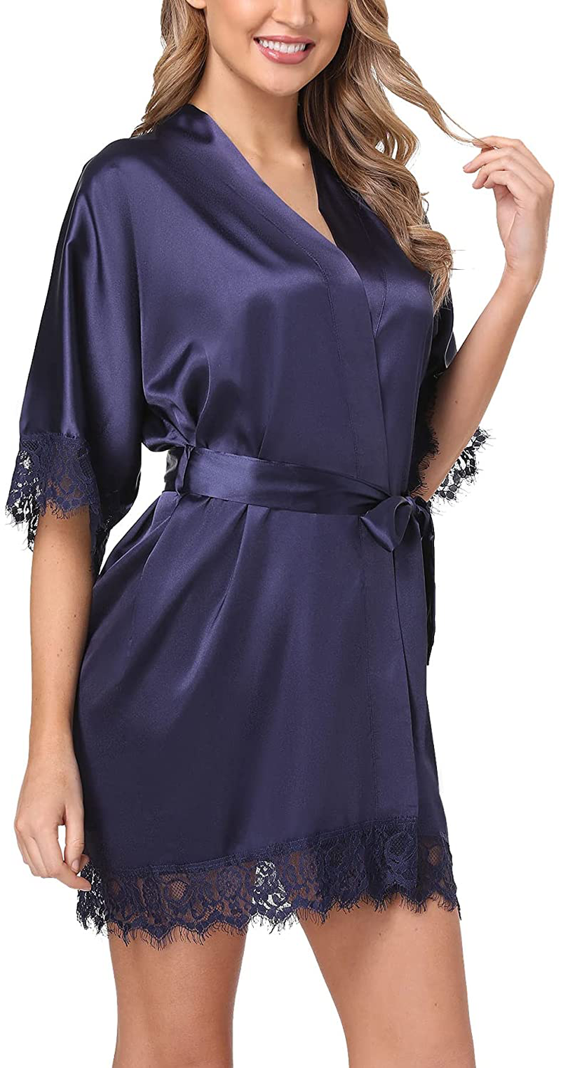 Old-Times Women Satin Short Robes for Bridesmaid Bride Sexy Nightgown Lace Trim Lightweight Bathrobe Apparel & Accessories > Clothing > Sleepwear & Loungewear > Robes Old-Times   