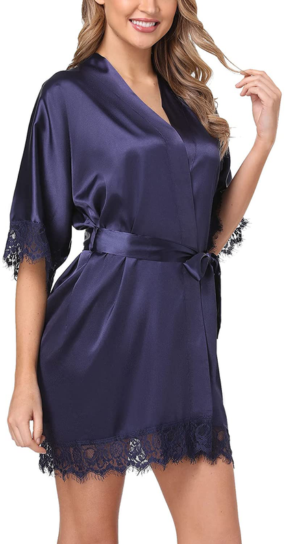 Old-Times Women Satin Short Robes for Bridesmaid Bride Sexy Nightgown Lace Trim Lightweight Bathrobe Apparel & Accessories > Clothing > Sleepwear & Loungewear > Robes Old-Times   