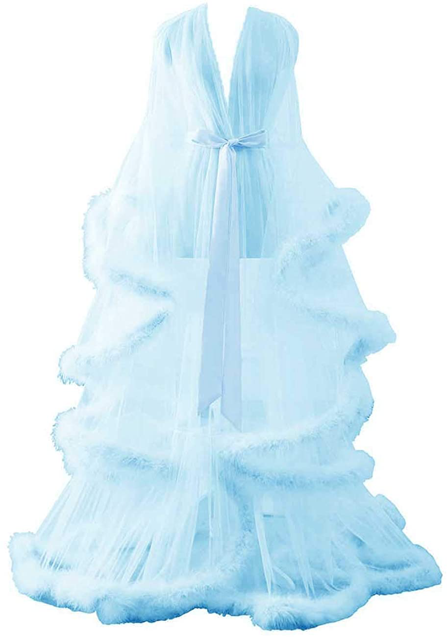 Changuan Sexy Illusion Long Lingerie Robe Nightgown Bathrobe Sleepwear Feather Bridal Robe Wedding Scarf Apparel & Accessories > Clothing > Sleepwear & Loungewear > Robes Changuan Light Blue 3X-Large 