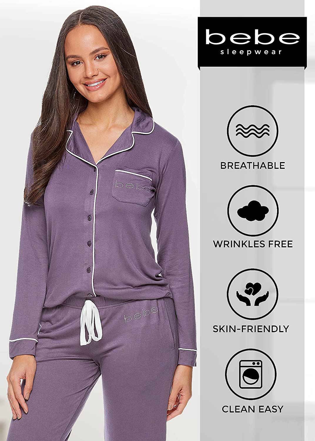 bebe Womens Button Down Long Sleeve Shirt and Pajama Pants Lounge Sleep Set Apparel & Accessories > Clothing > Sleepwear & Loungewear > Pajamas bebe   