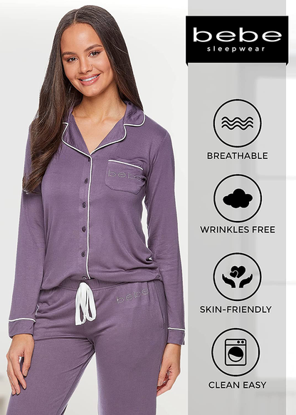 bebe Womens Button Down Long Sleeve Shirt and Pajama Pants Lounge Sleep Set Apparel & Accessories > Clothing > Sleepwear & Loungewear > Pajamas bebe   