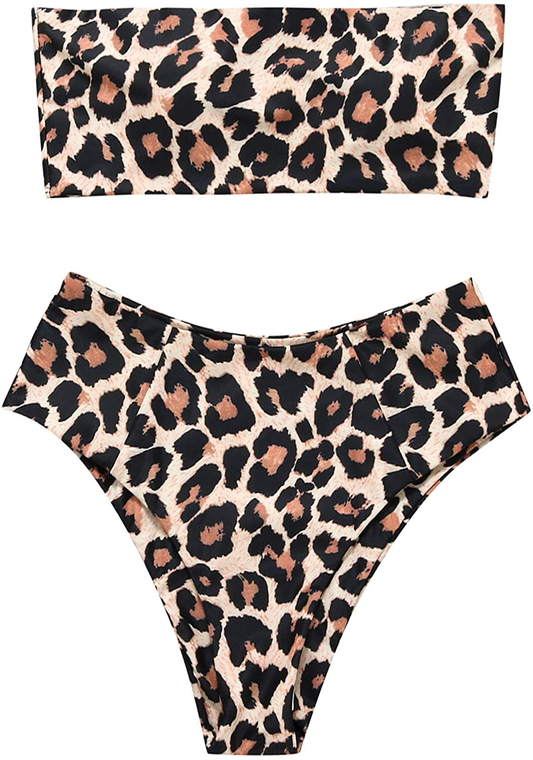 OMKAGI Women's 2 Pieces Bandeau Bikini Swimsuits Off Shoulder High Waist Bathing Suit High Cut Apparel & Accessories > Clothing > Swimwear OMKAGI 0-apricot Leopard Small 